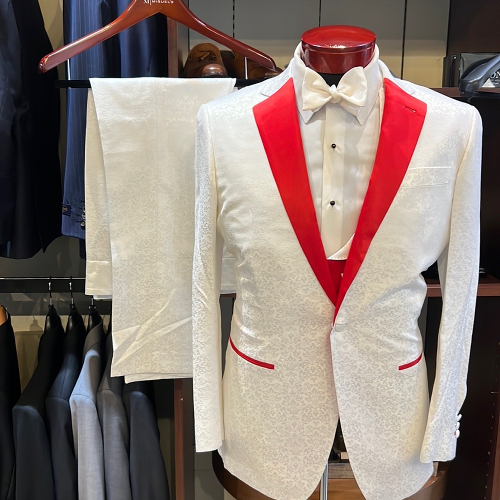 Custom White Tuxedo w/ Red Accents, 39R Slim Fit, Unique Design